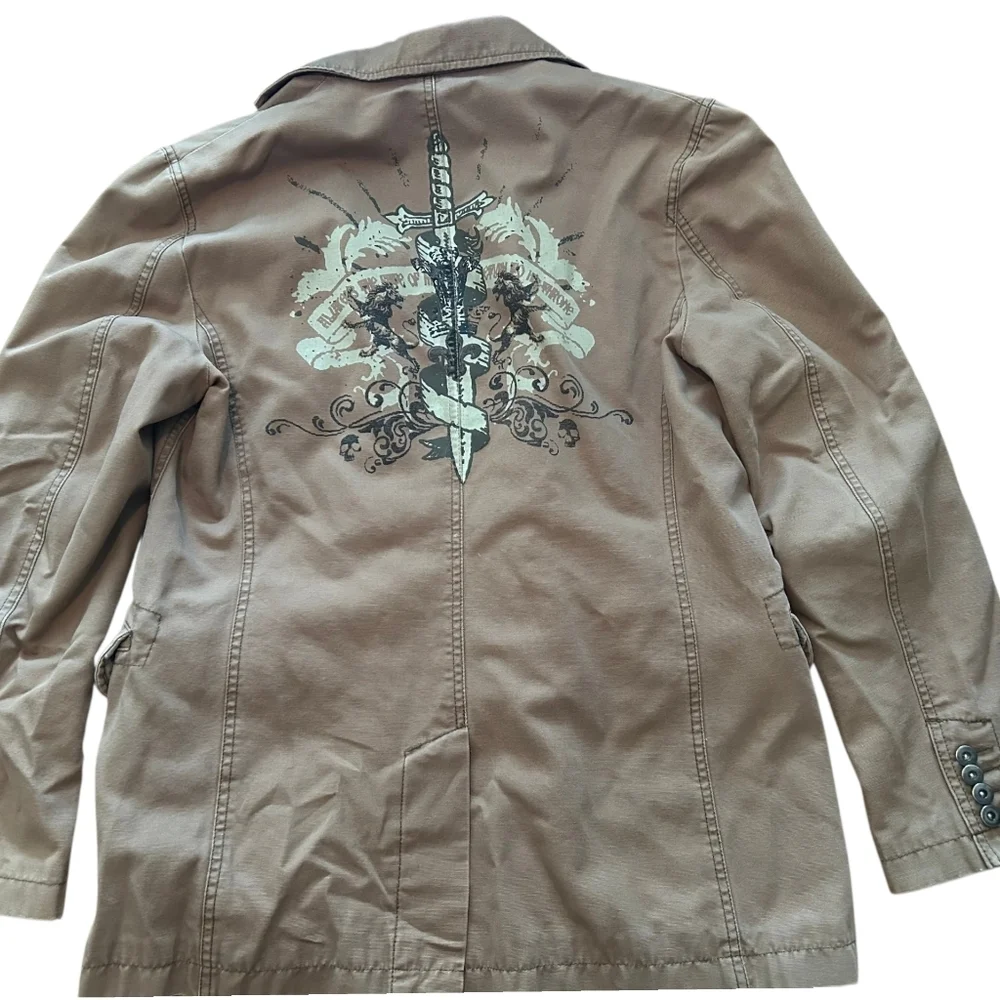 Vintage Express Tan Military Jacket with Black Hoodie Mens Size M